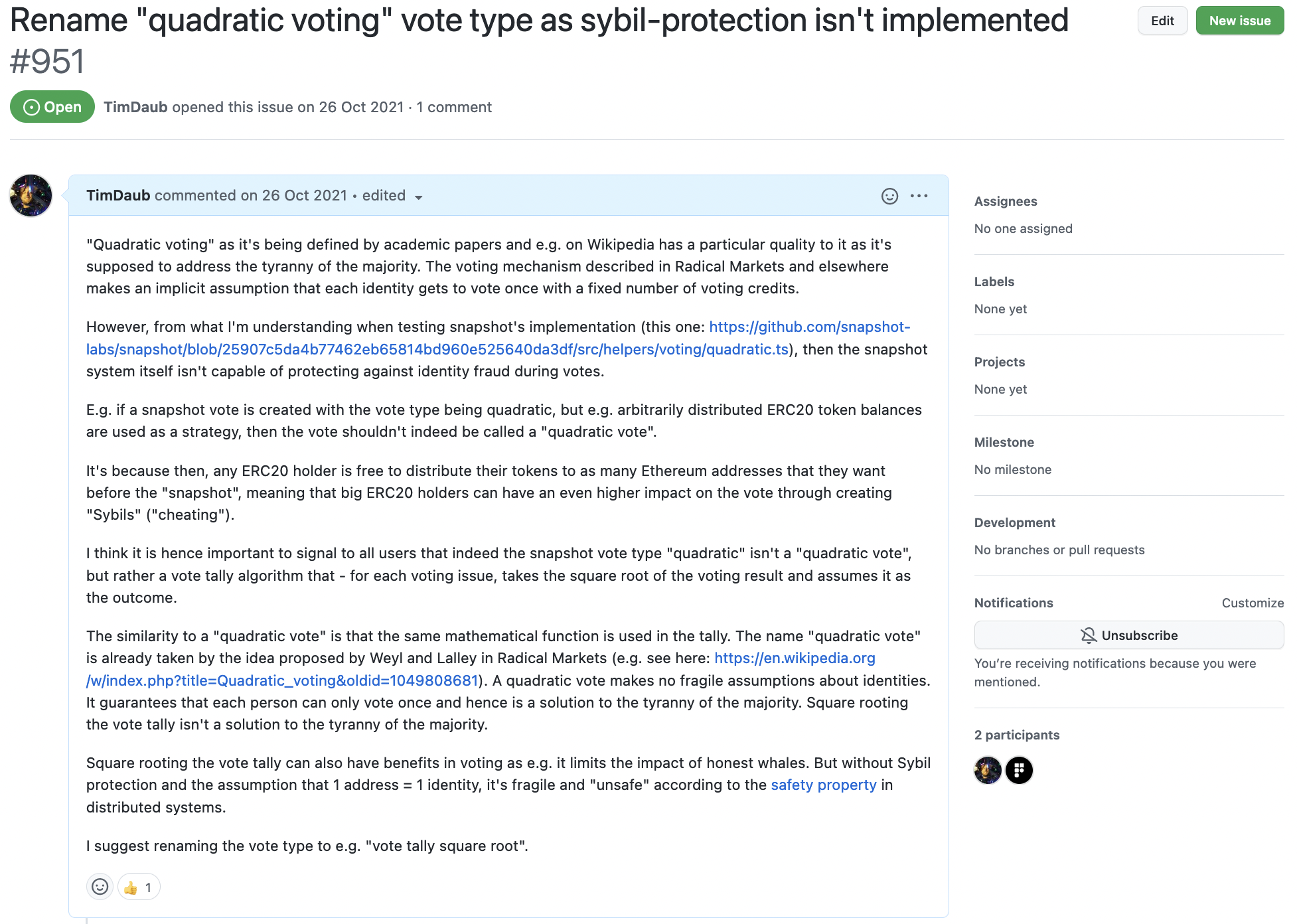 A GitHub issue criticizing snapshot's naming choice for quadratic voting I filed at snapshot-labs/snapshot a while ago